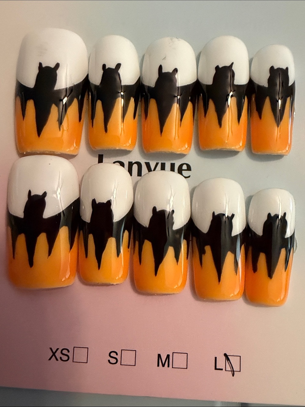 Halloween Bat Orange & White handmade acrylic Press-On Nails by